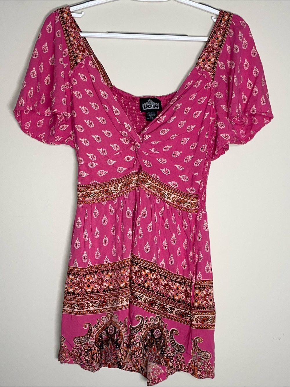 Angie L Tie Front Hot Pink Tie Neckline Paisley Pattern Smocked Back Romper